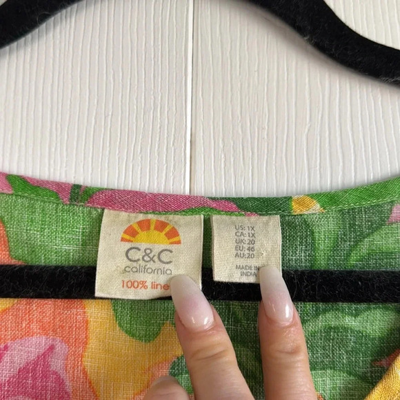 C&C California | 100% Linen | Tropical Top Blouse Tunic |Yellow Pink | Size 1X - Picture 2 of 4